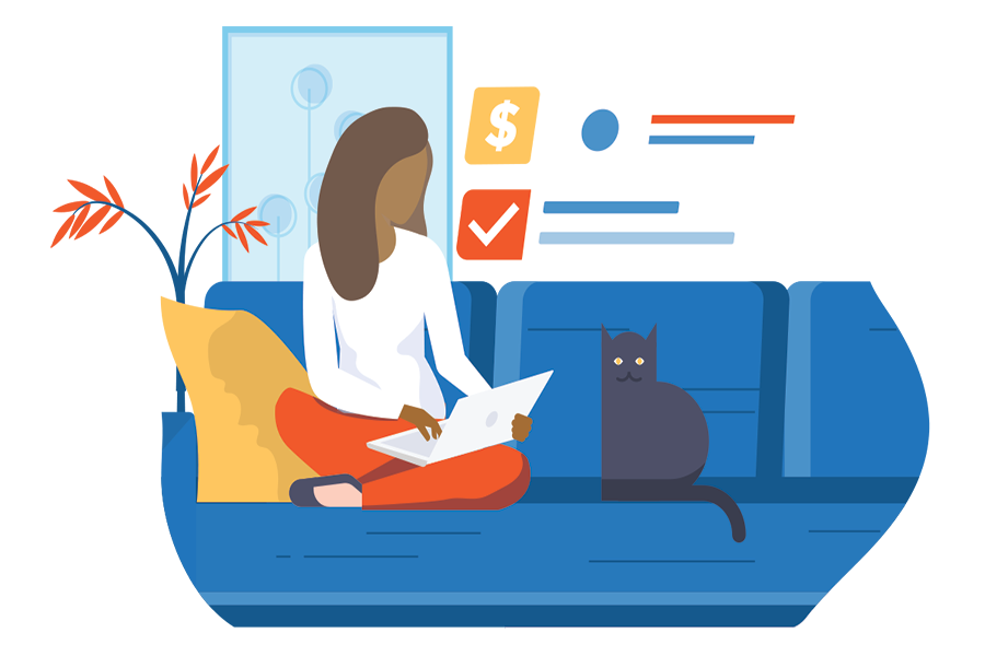 Woman on sofa with cat with finances