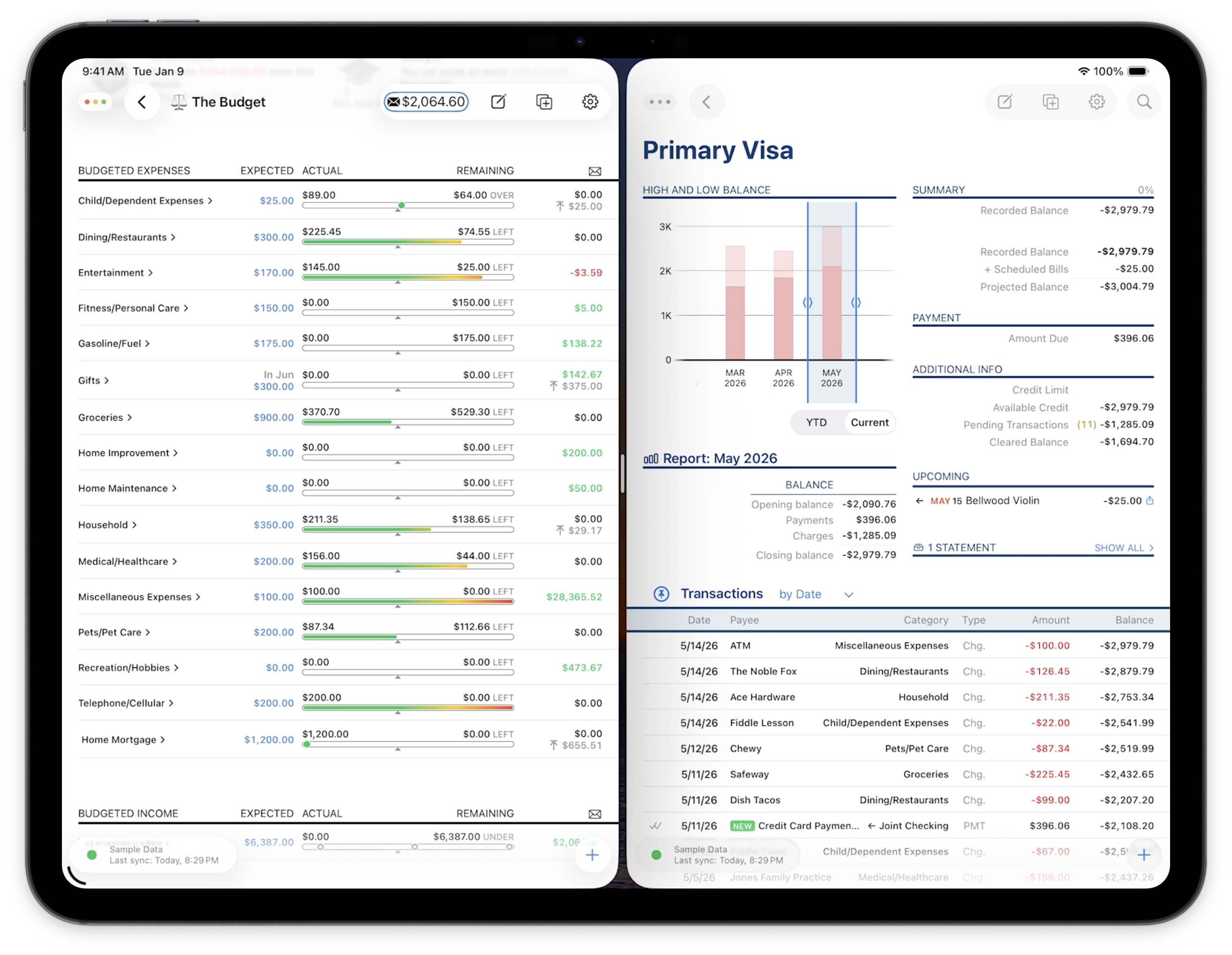 Banktivity iPad showing budget and credit card account in two scenes side by side