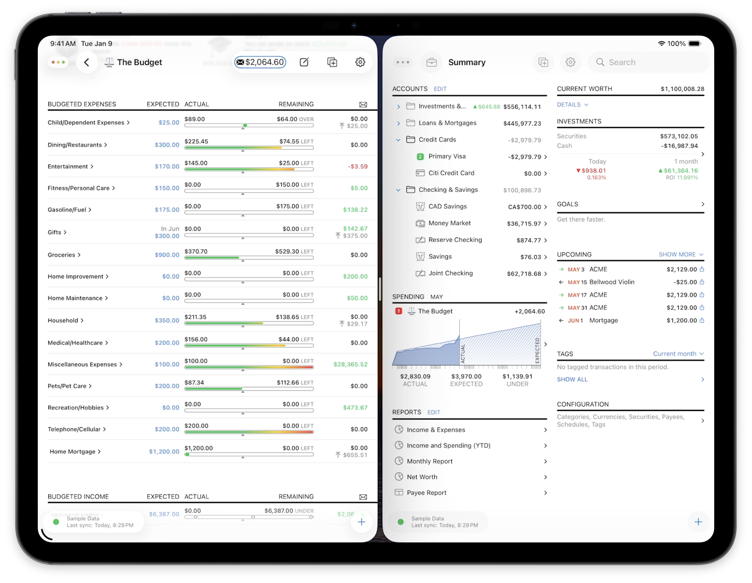Banktivity iPad showing budget and financial summary in two scenes side by side