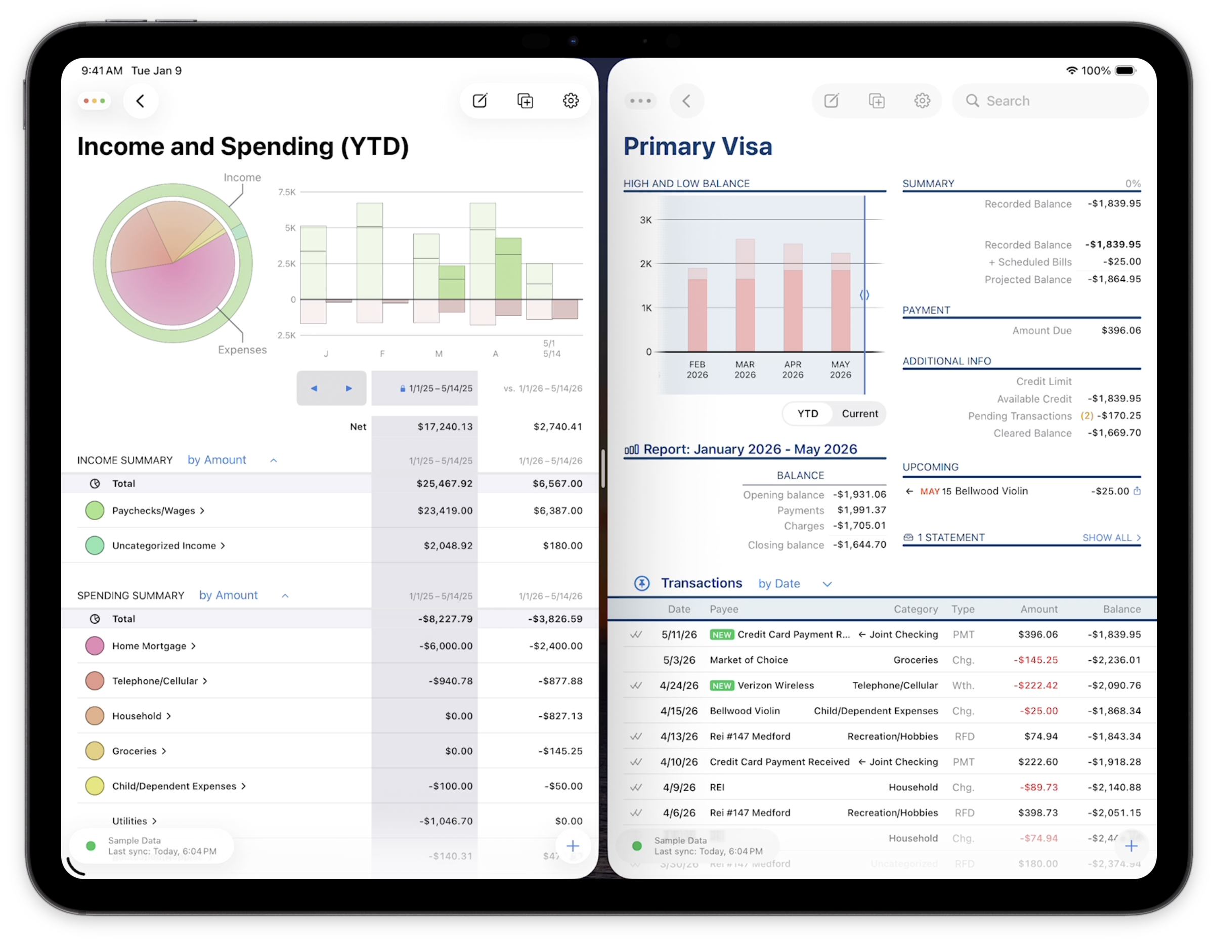 Banktivity iPad showing income and spending report alongside credit card register in two scenes