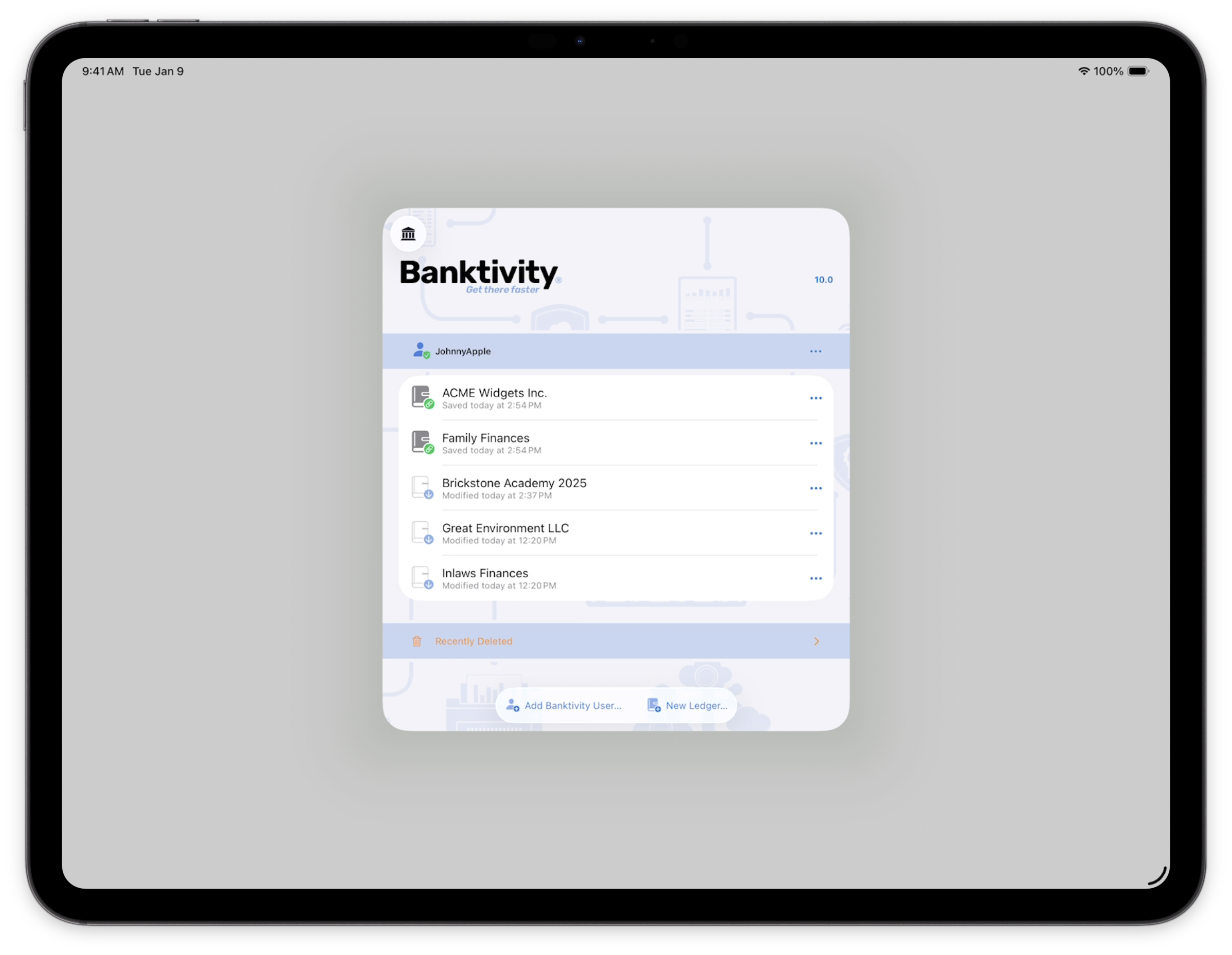 Organizer showing using logged in with ledgers on iPad