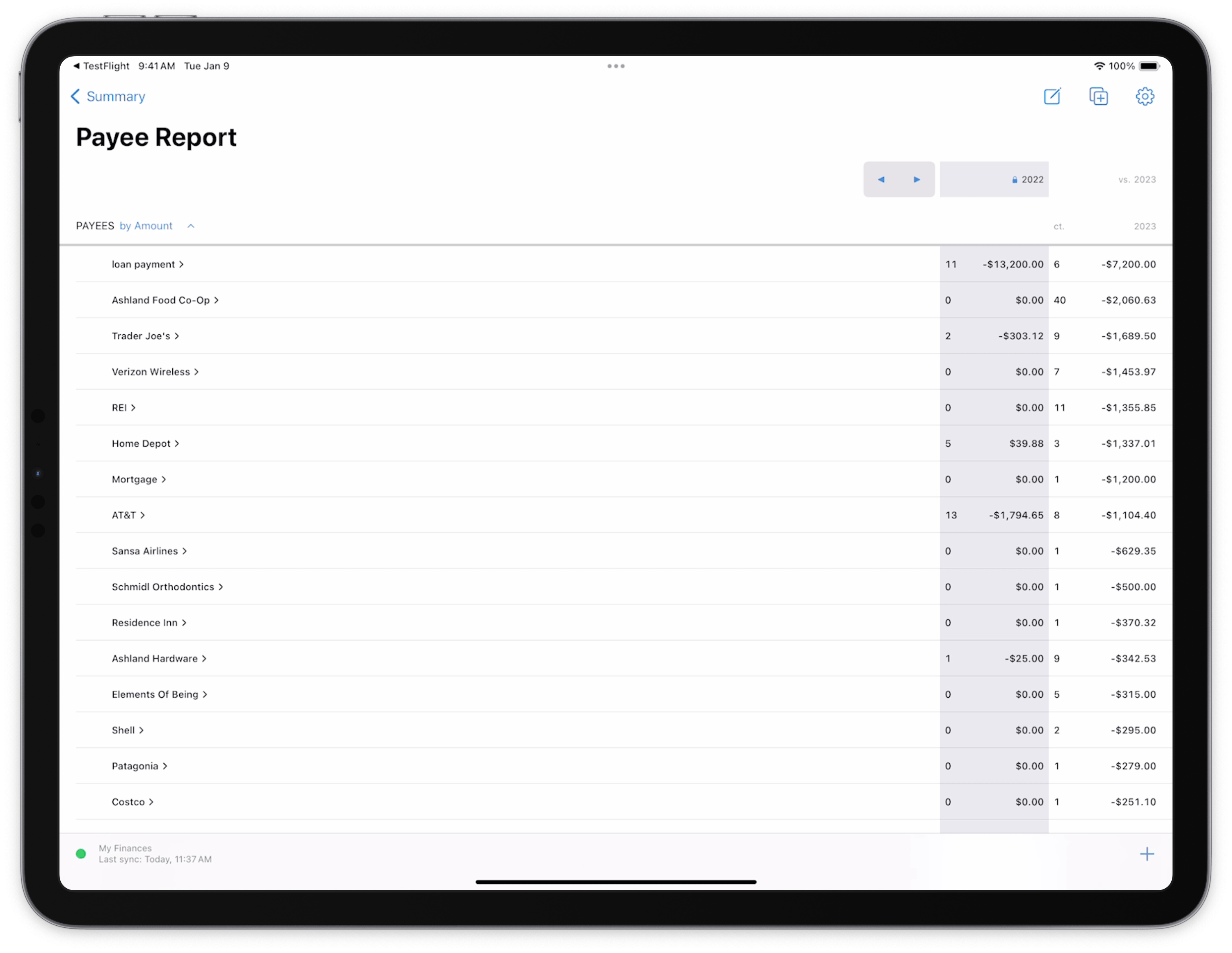 Screenshot of payee report in Banktivity on iPad