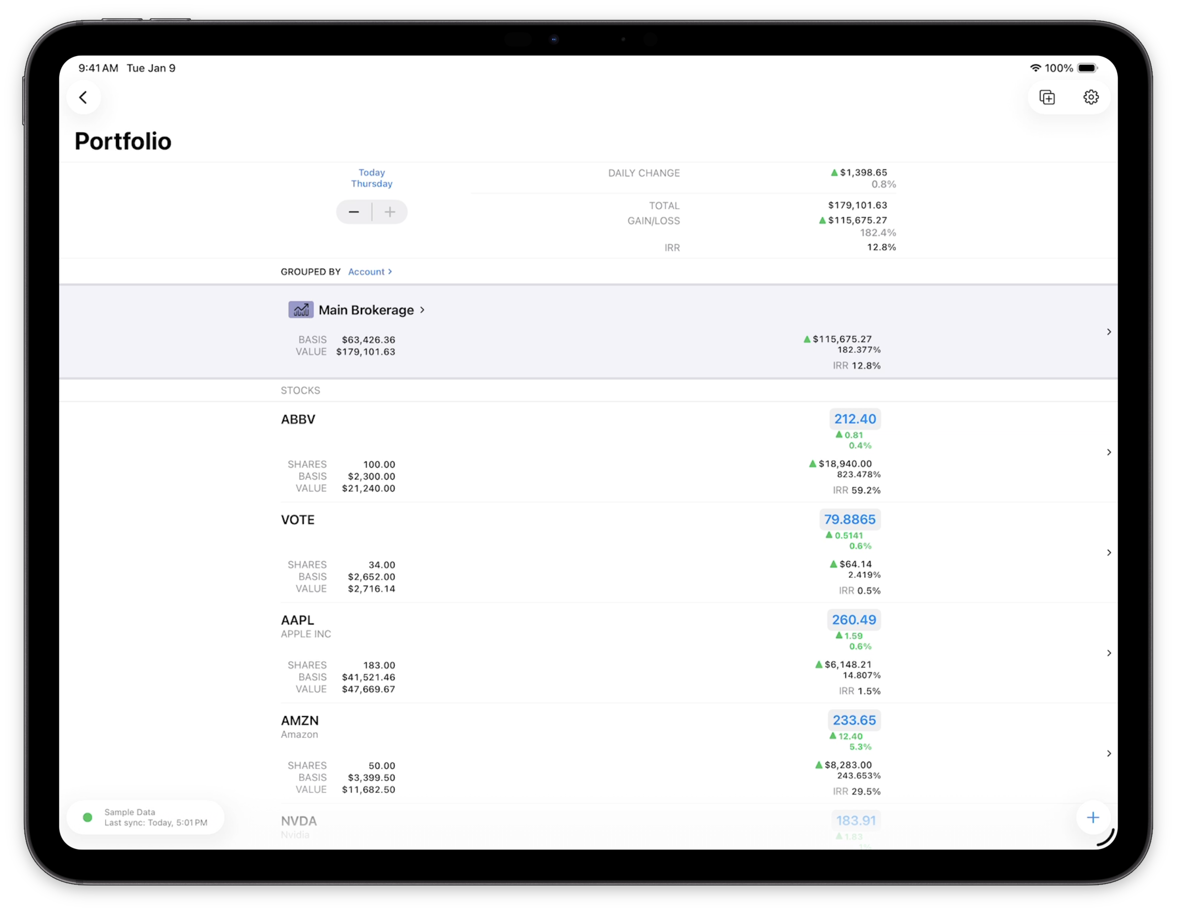 iPad screenshot showing portfolio drilldown view