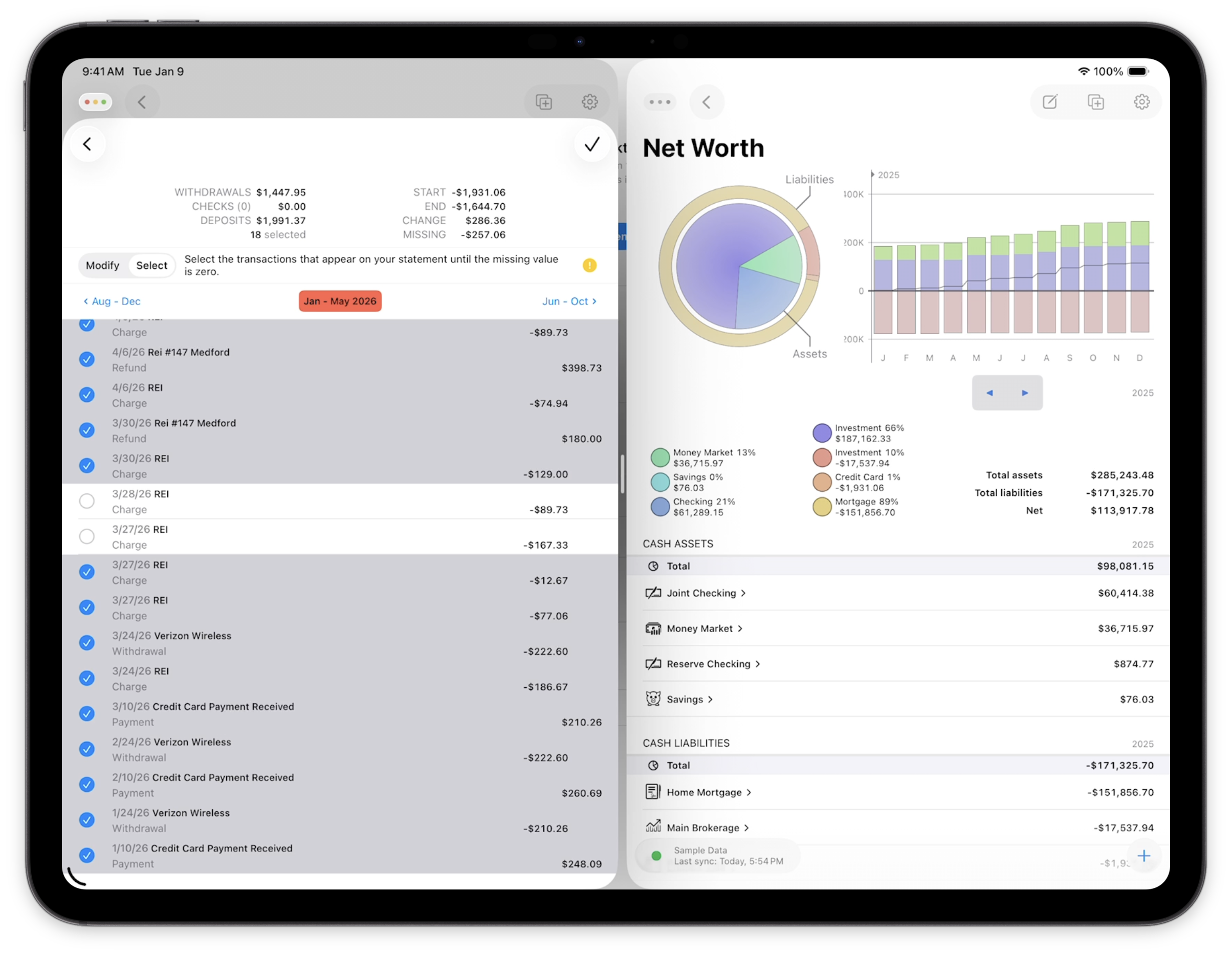 Banktivity iPad showing account reconciliation and net worth report in two scenes