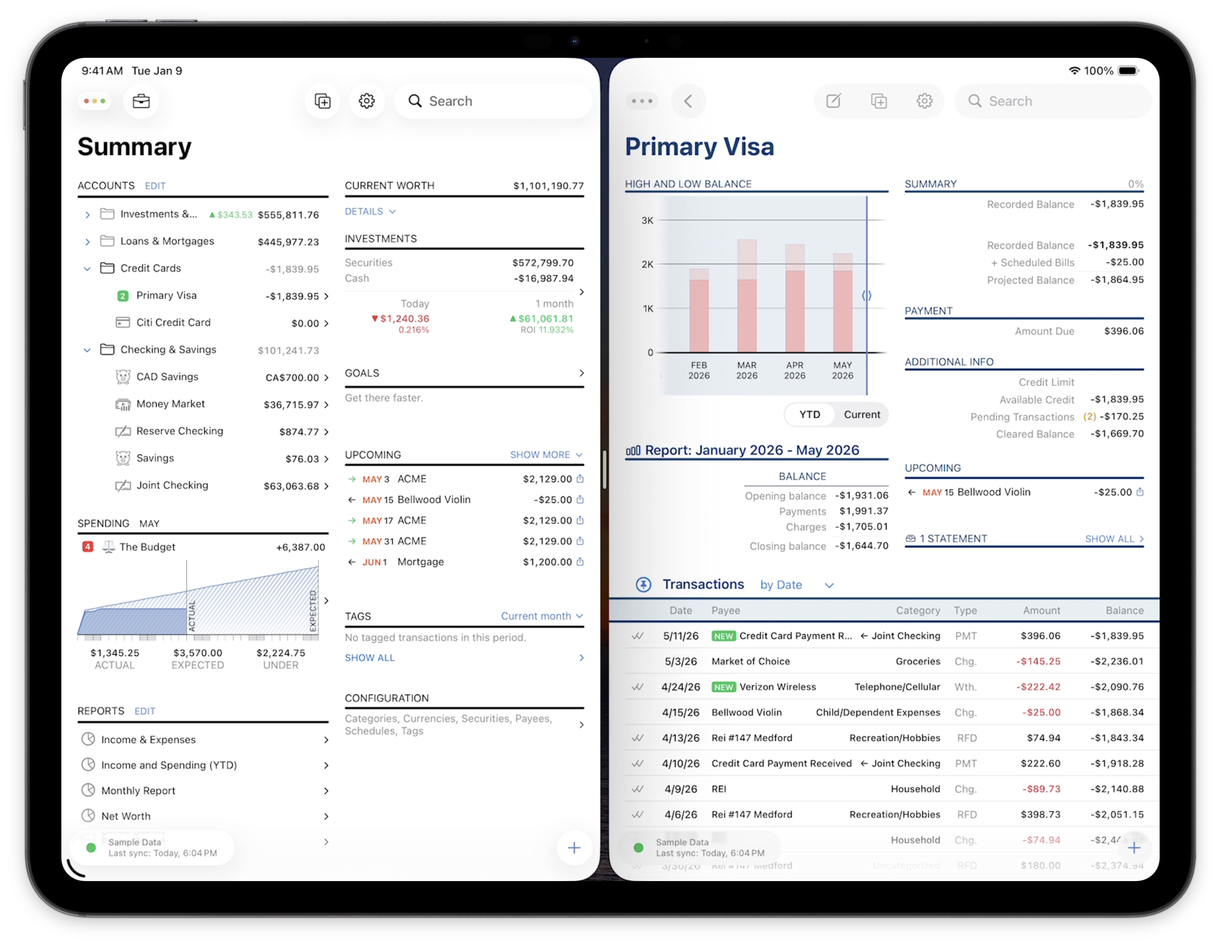 Banktivity iPad showing financial summary and net worth in two scenes side by side