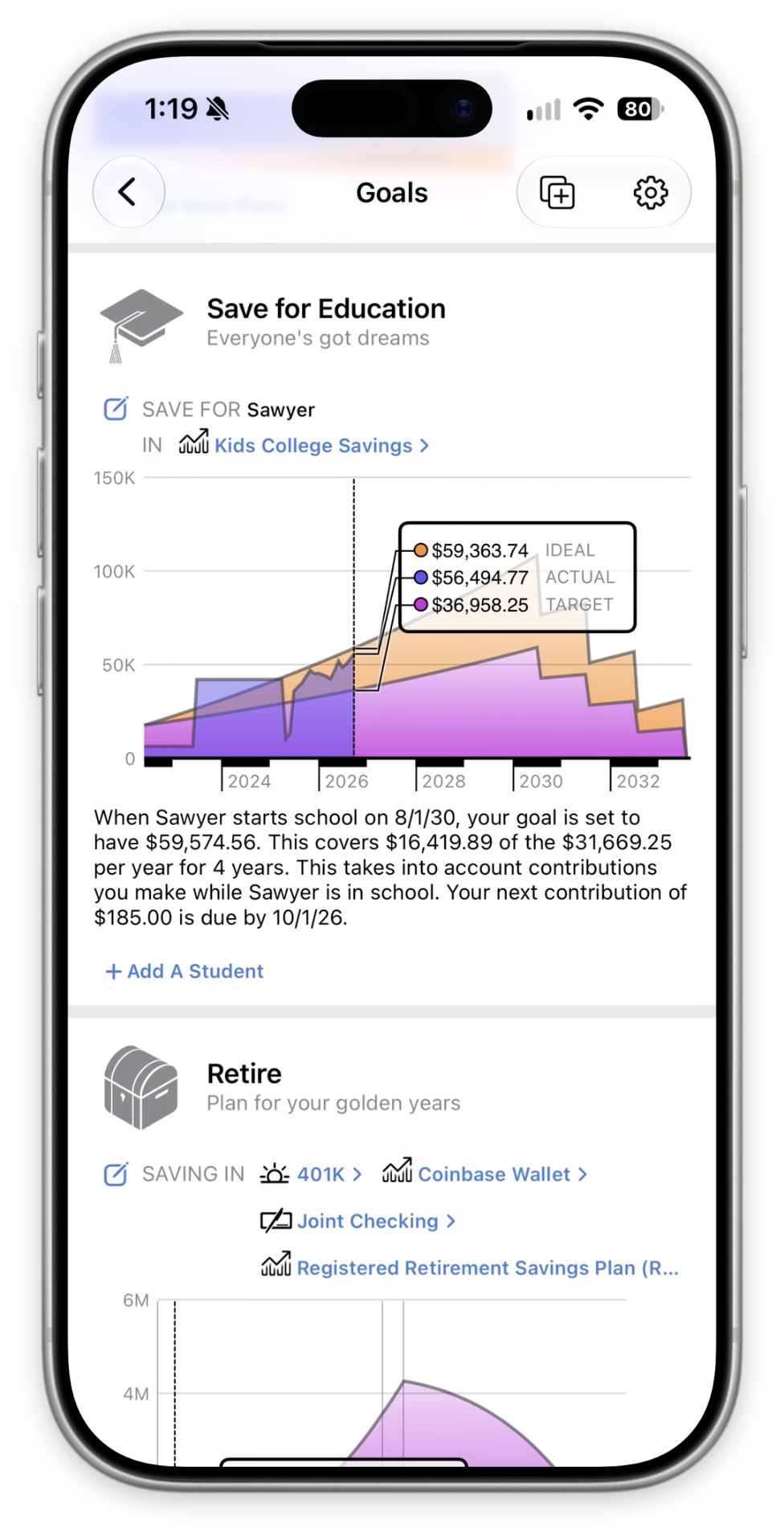 Screenshot of education and retirement goals in Banktivity on iPhone