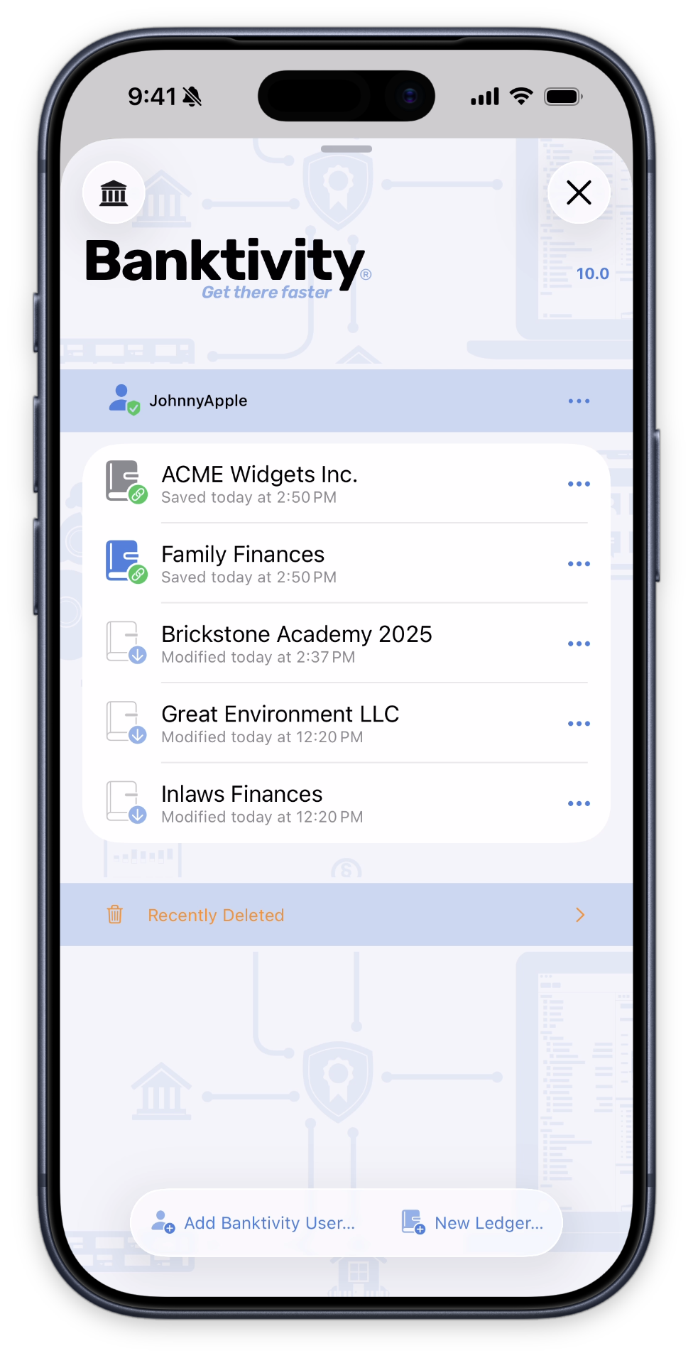 Organizer showing using logged in with ledgers on iPhone