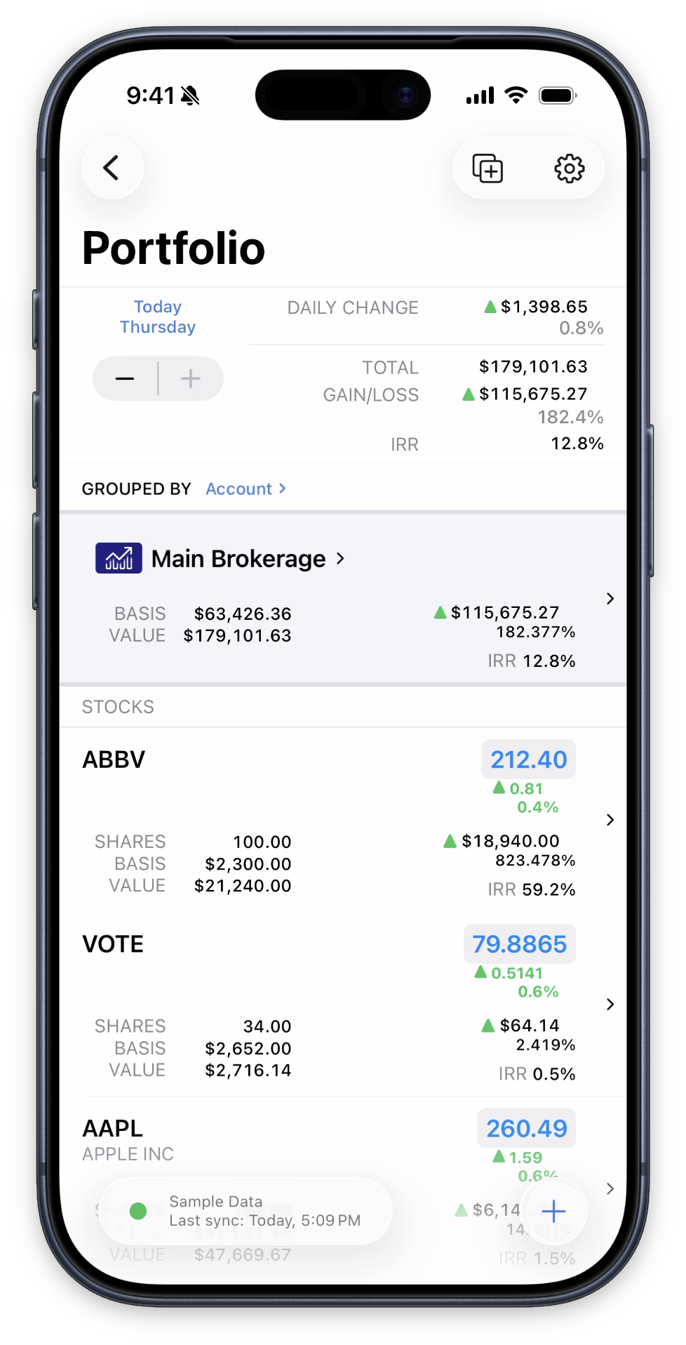 iPhone screenshot showing portfolio account detail view
