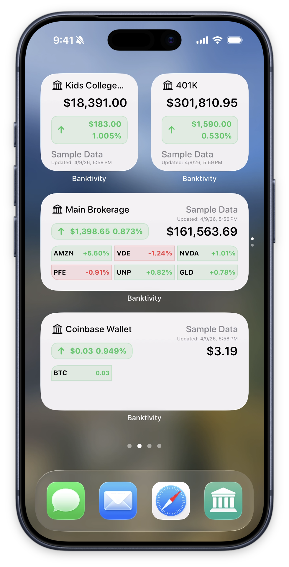 Screenshot of four instances of Banktivity widget showing investment performance for various accounts