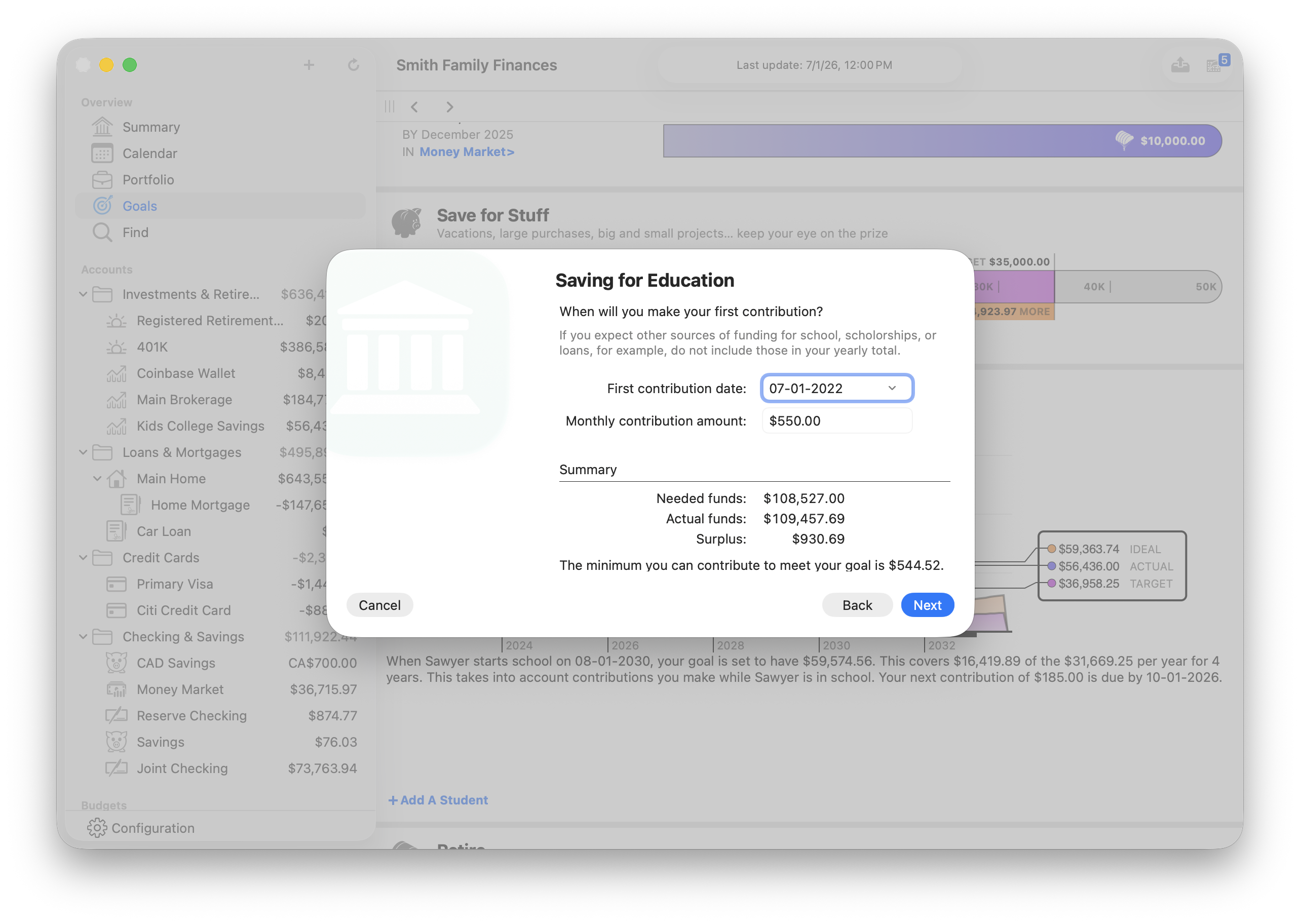 Screenshot of education goal assistant in Banktivity on Mac