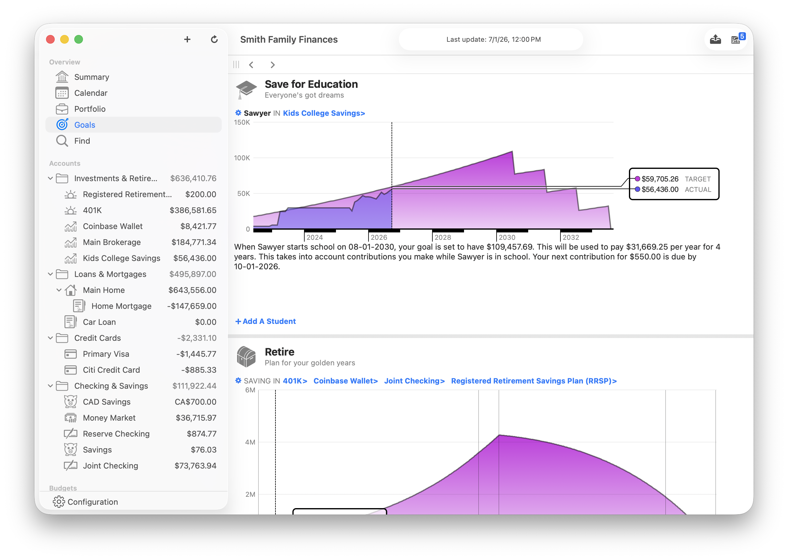 Screenshot of education savings goal chart in Banktivity on Mac