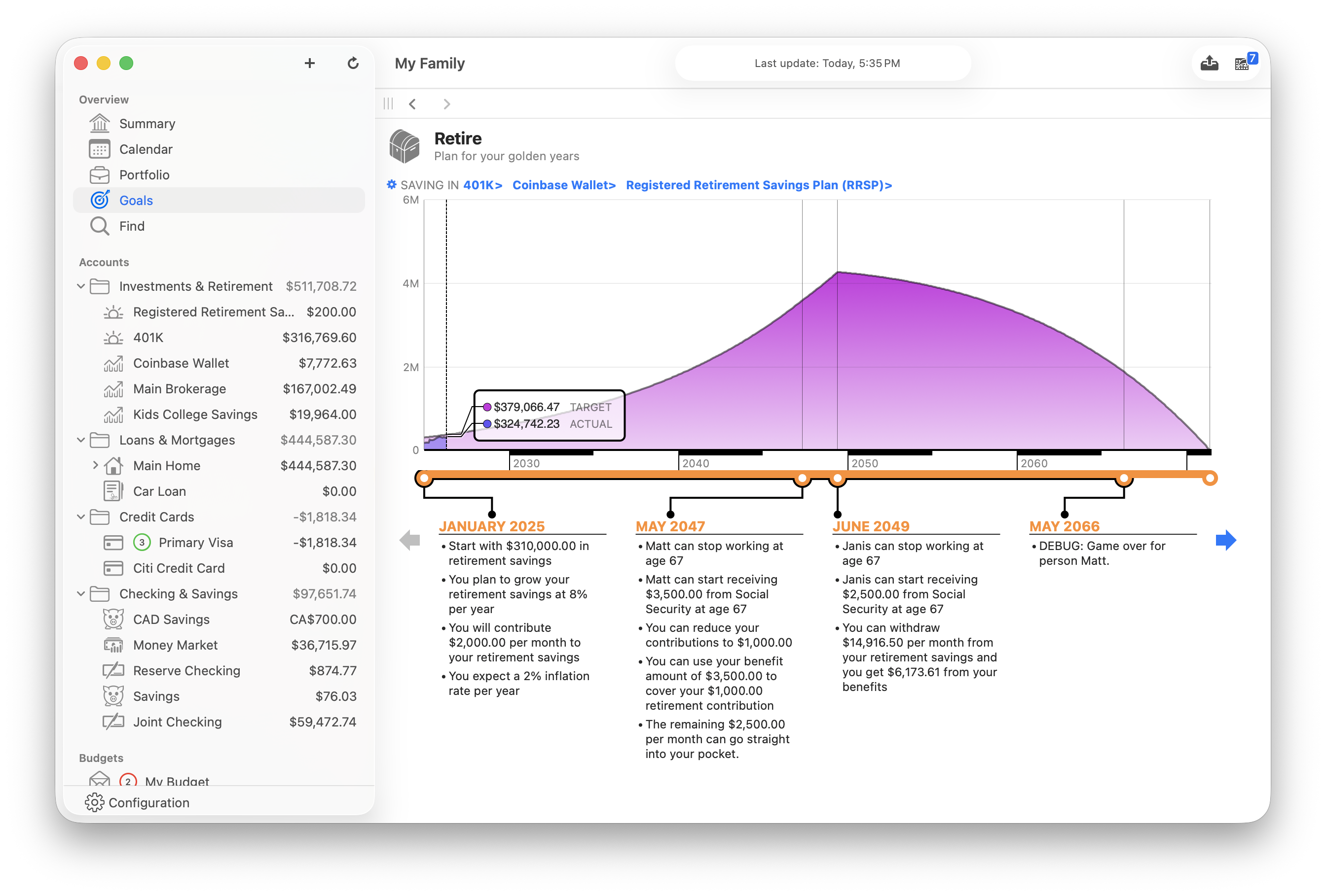 Screenshot of Banktivity retirement forecast chart showing savings growth and drawdown on Mac