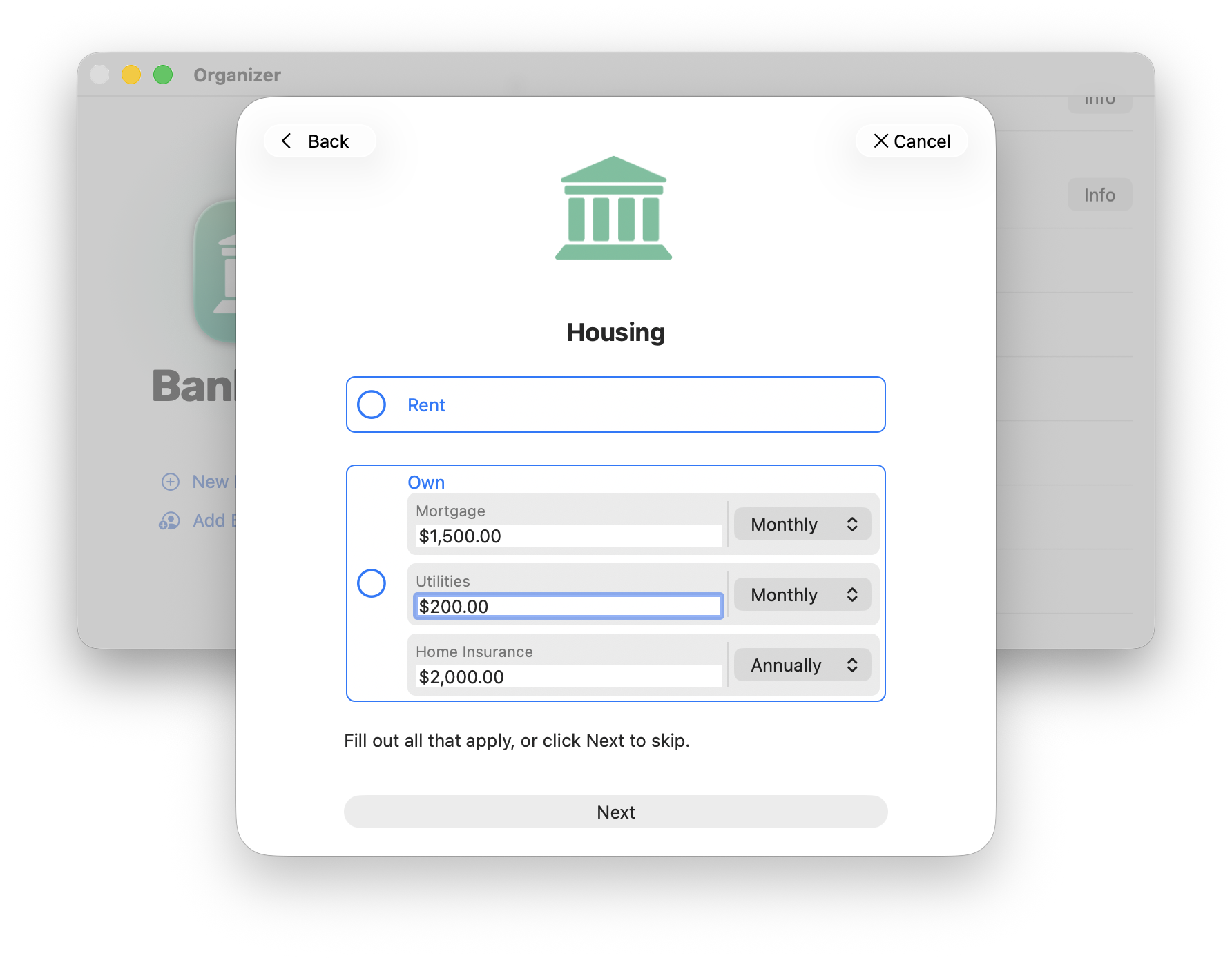 New onboarding assistant showing easy budget setup
