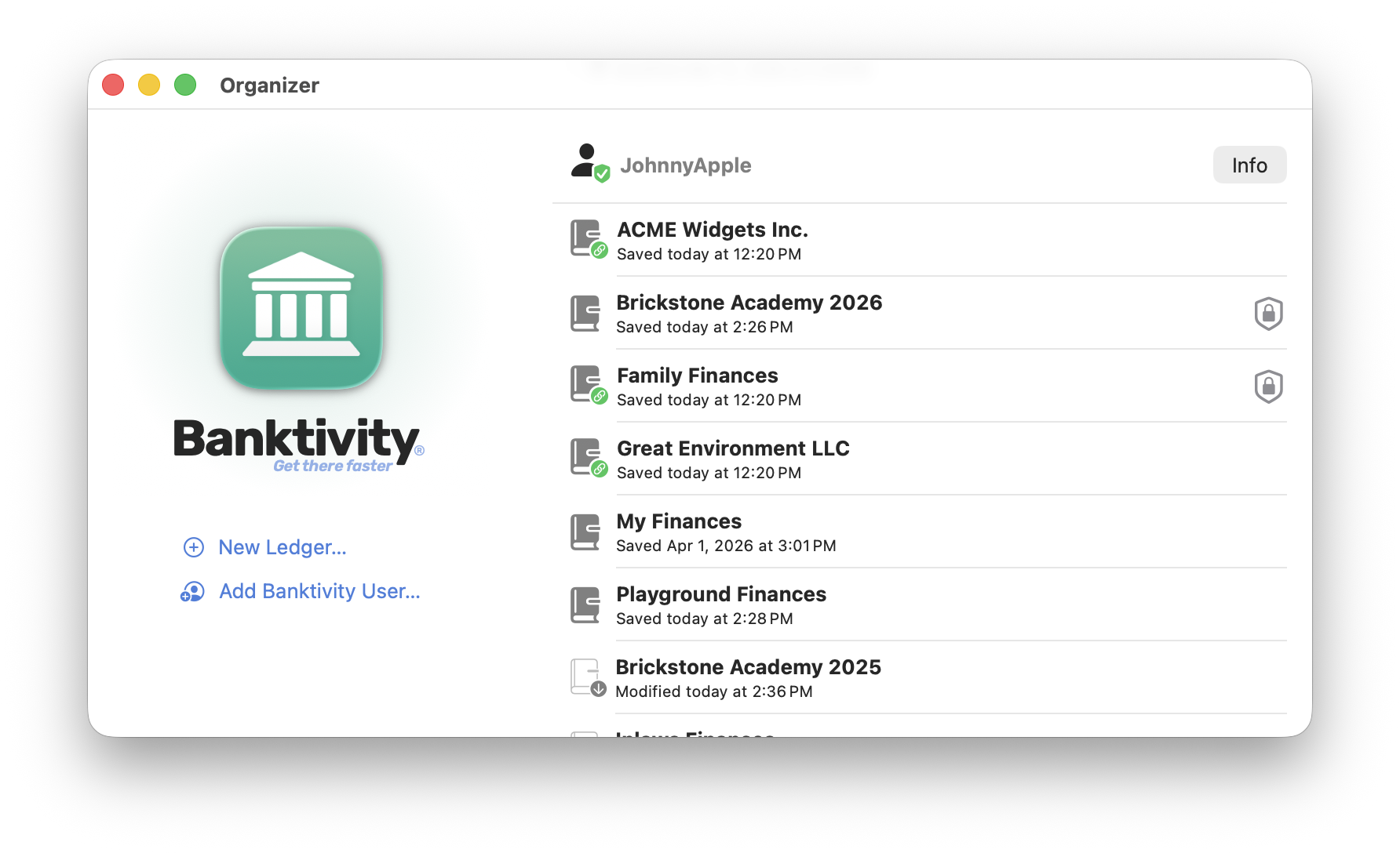 Organizer showing user logged in with ledgers on Mac