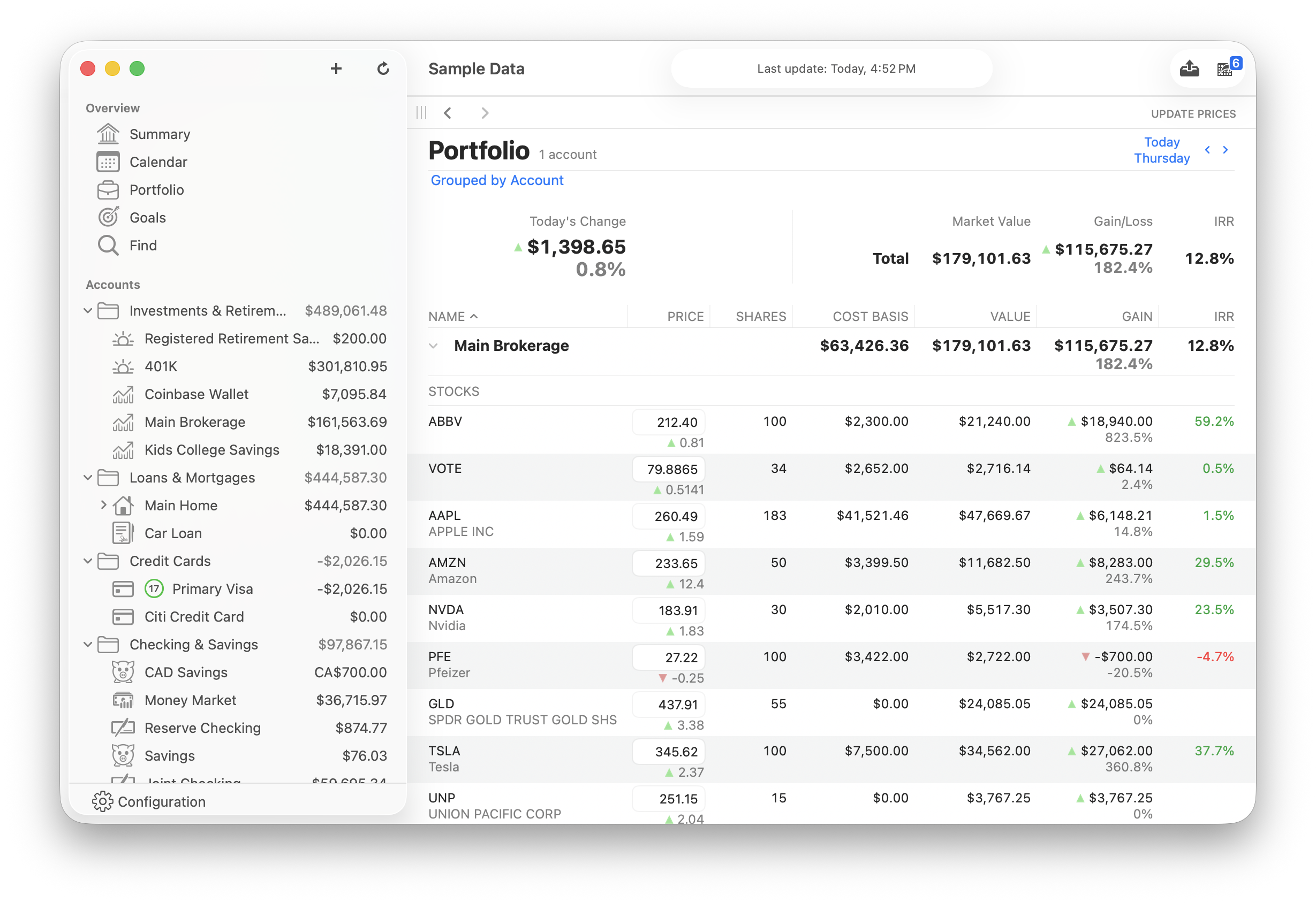 Mac screenshot showing portfolio drilldown with daily change data