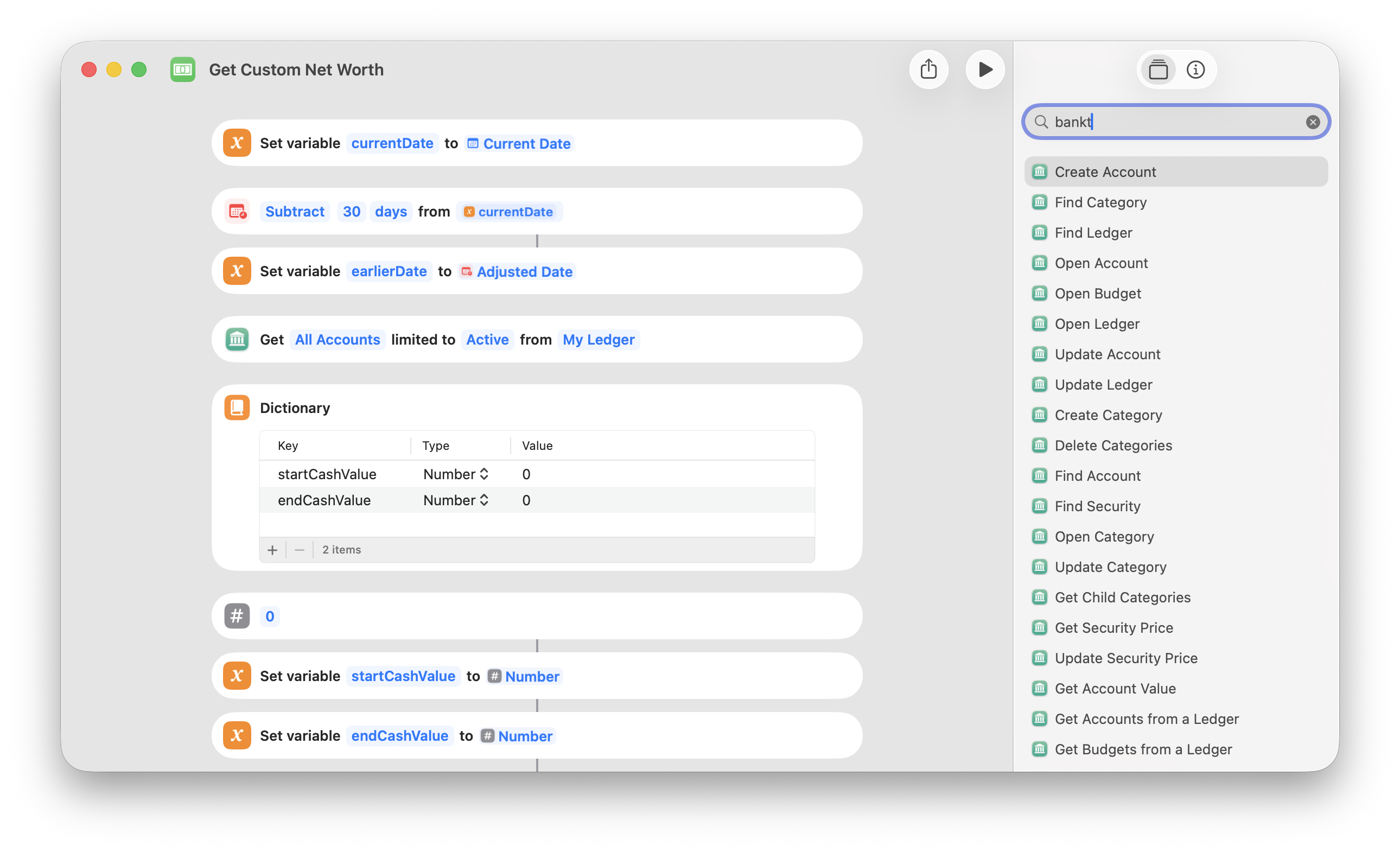 Screenshot of showing Banktivity shortcuts in the Shortcut app