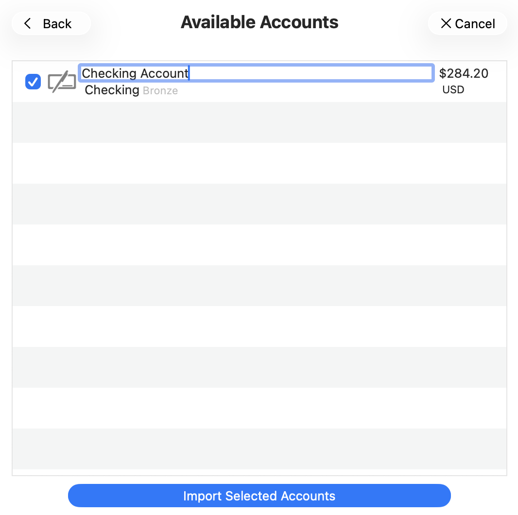 Select accounts to import screen