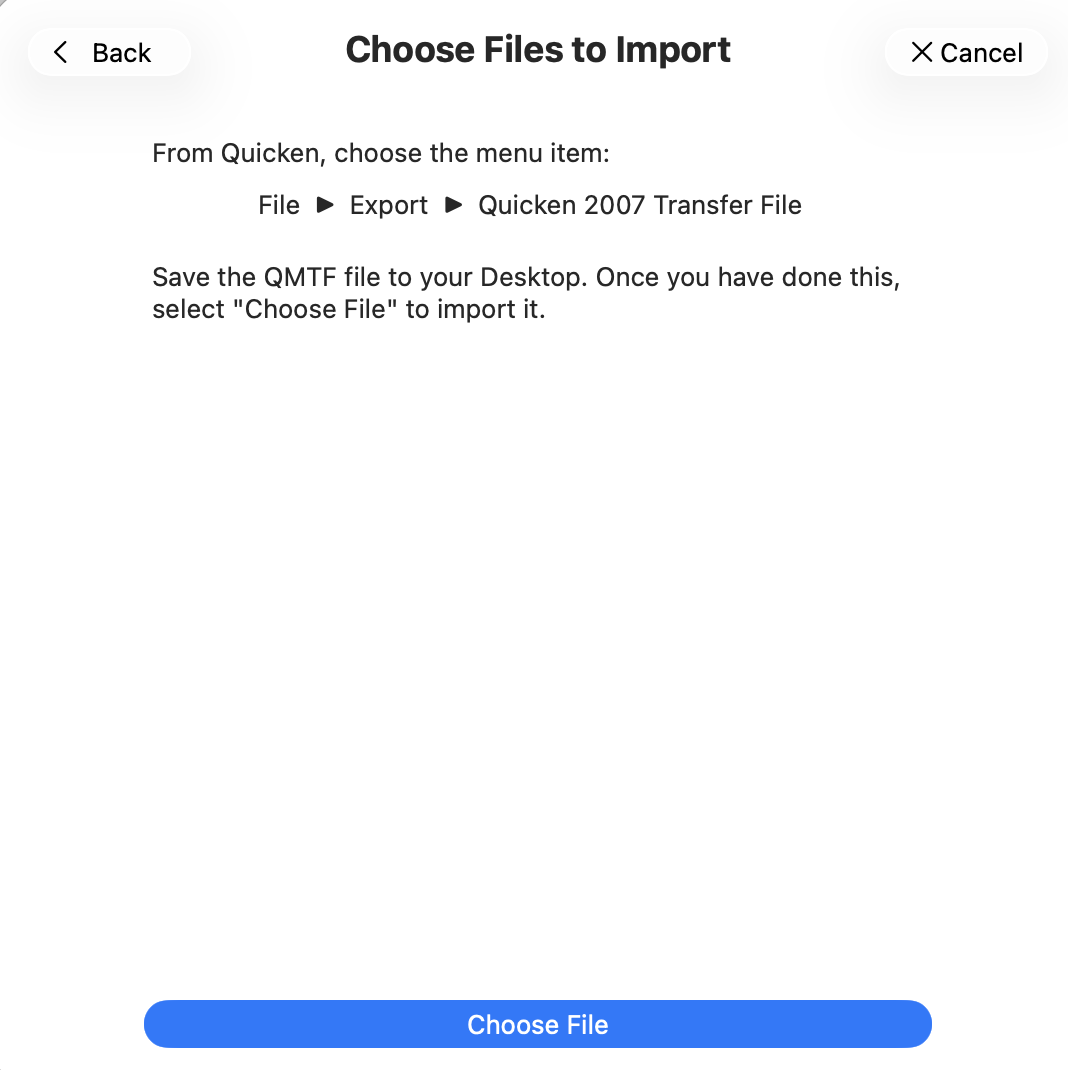 Choose import file screen