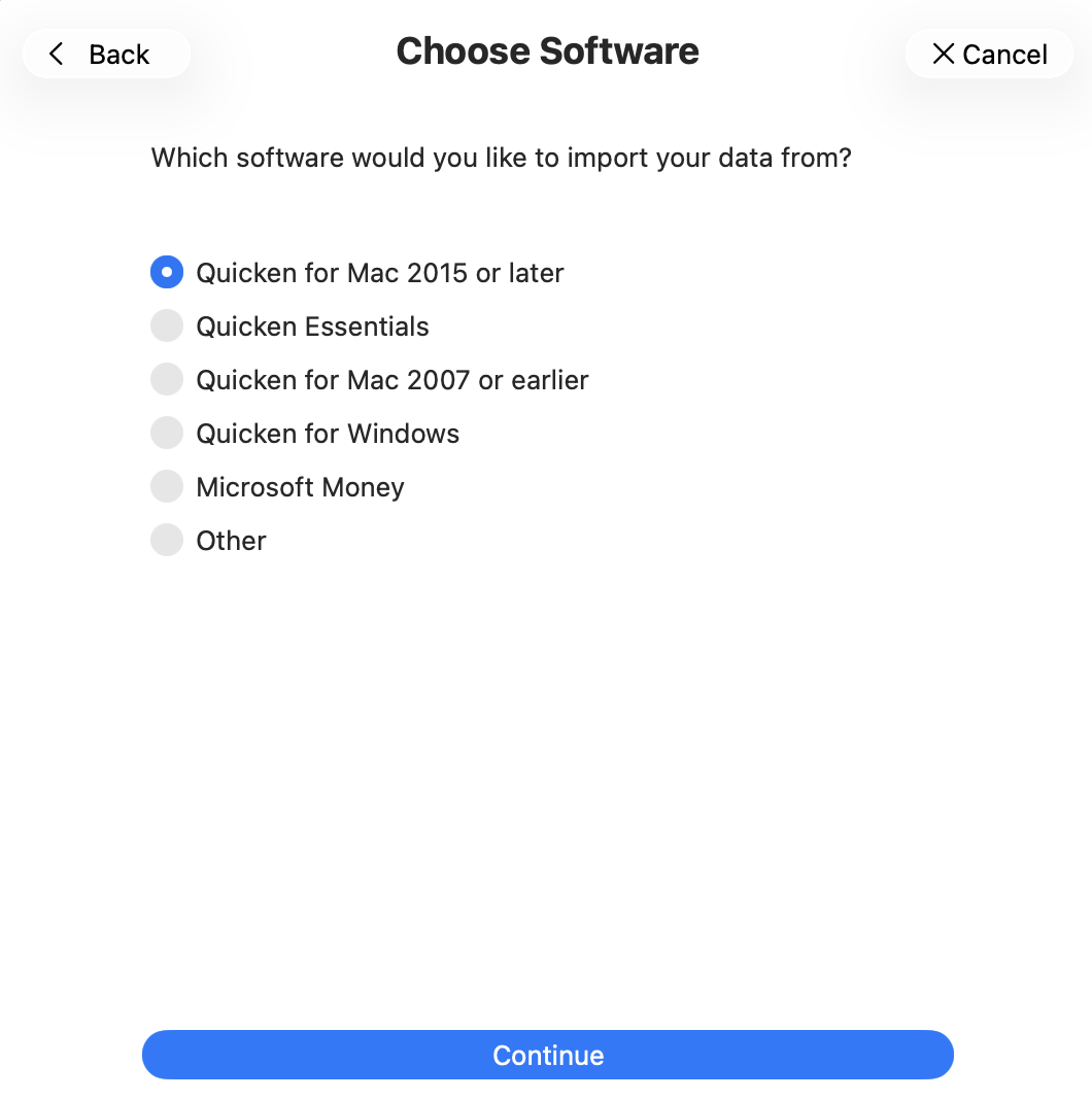 Choose software to import from screen