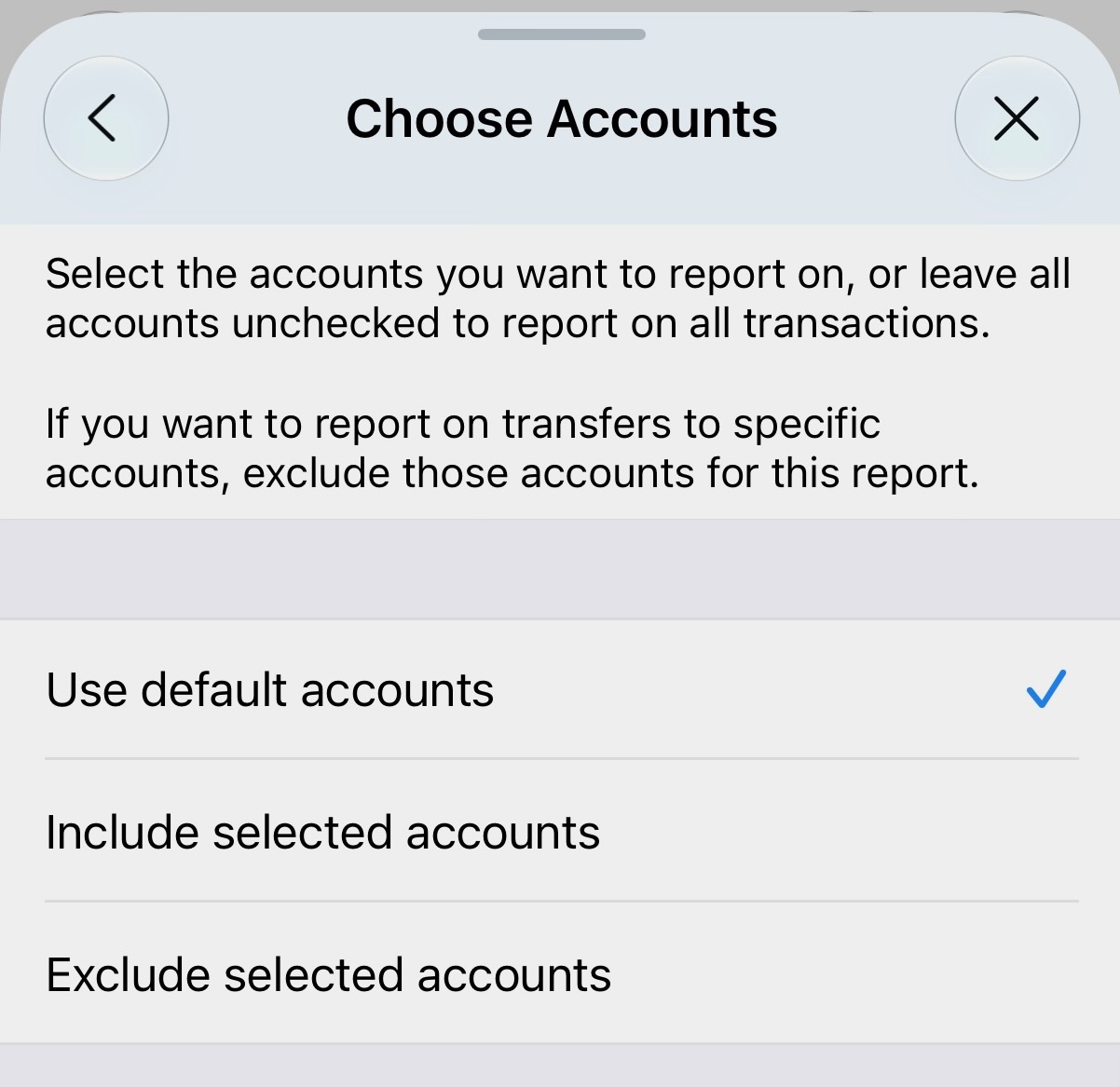 Choose Accounts selection screen