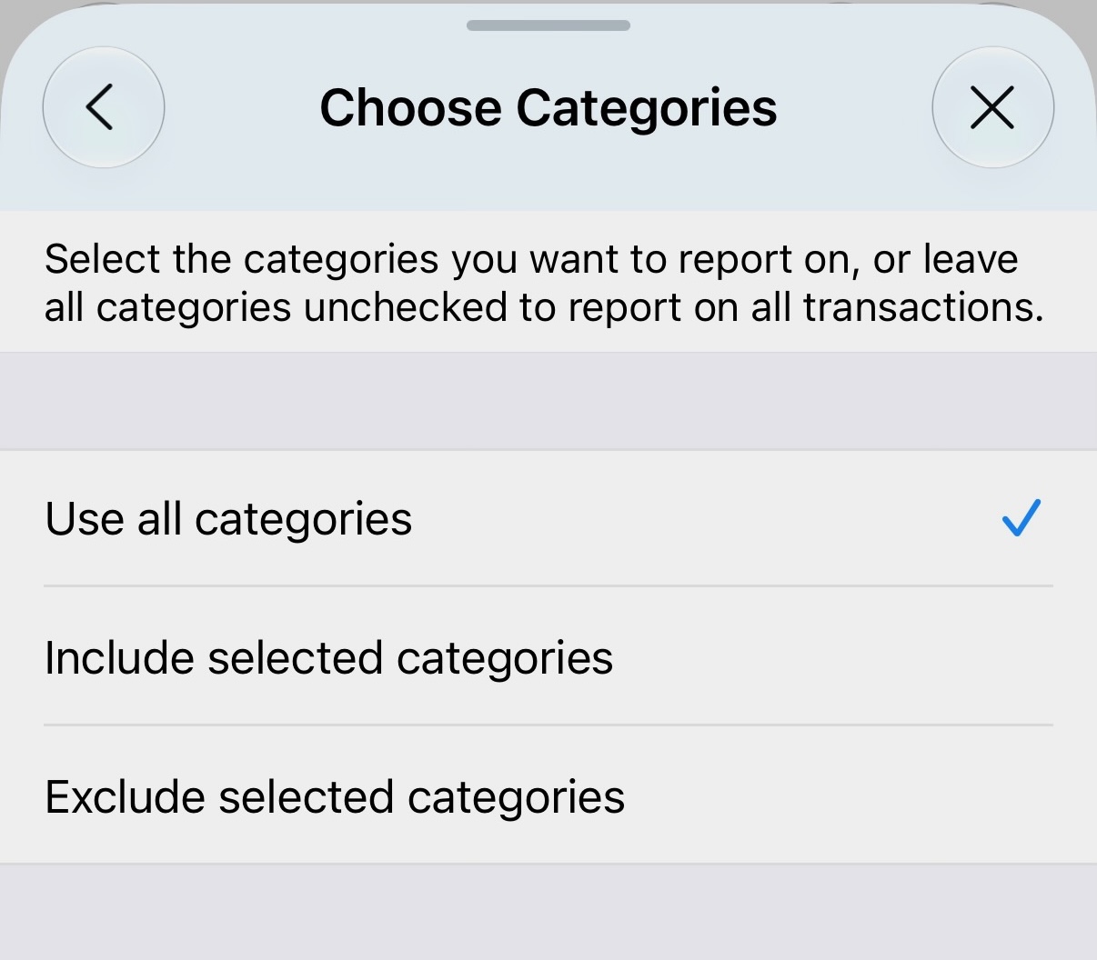 Choose Categories selection screen