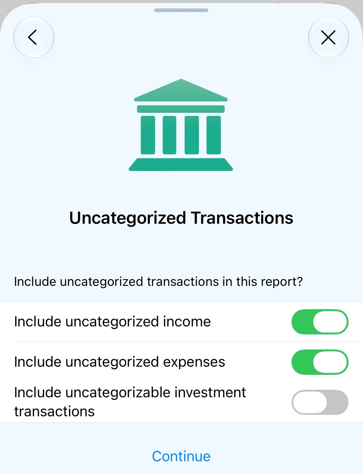 Uncategorized Transactions configuration screen
