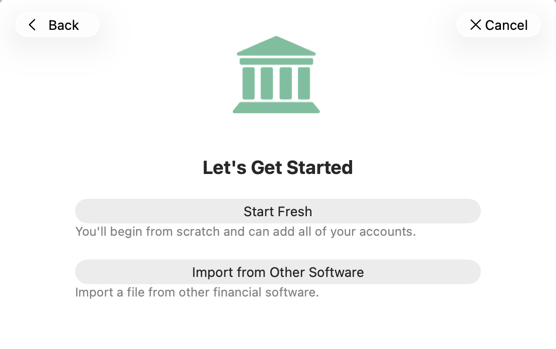 Choose start fresh or import screen