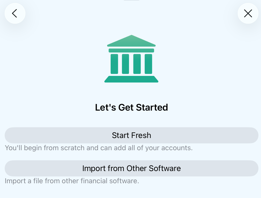 Choose start fresh or import screen on iOS