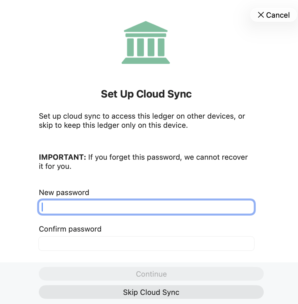 Cloud sync setup screen