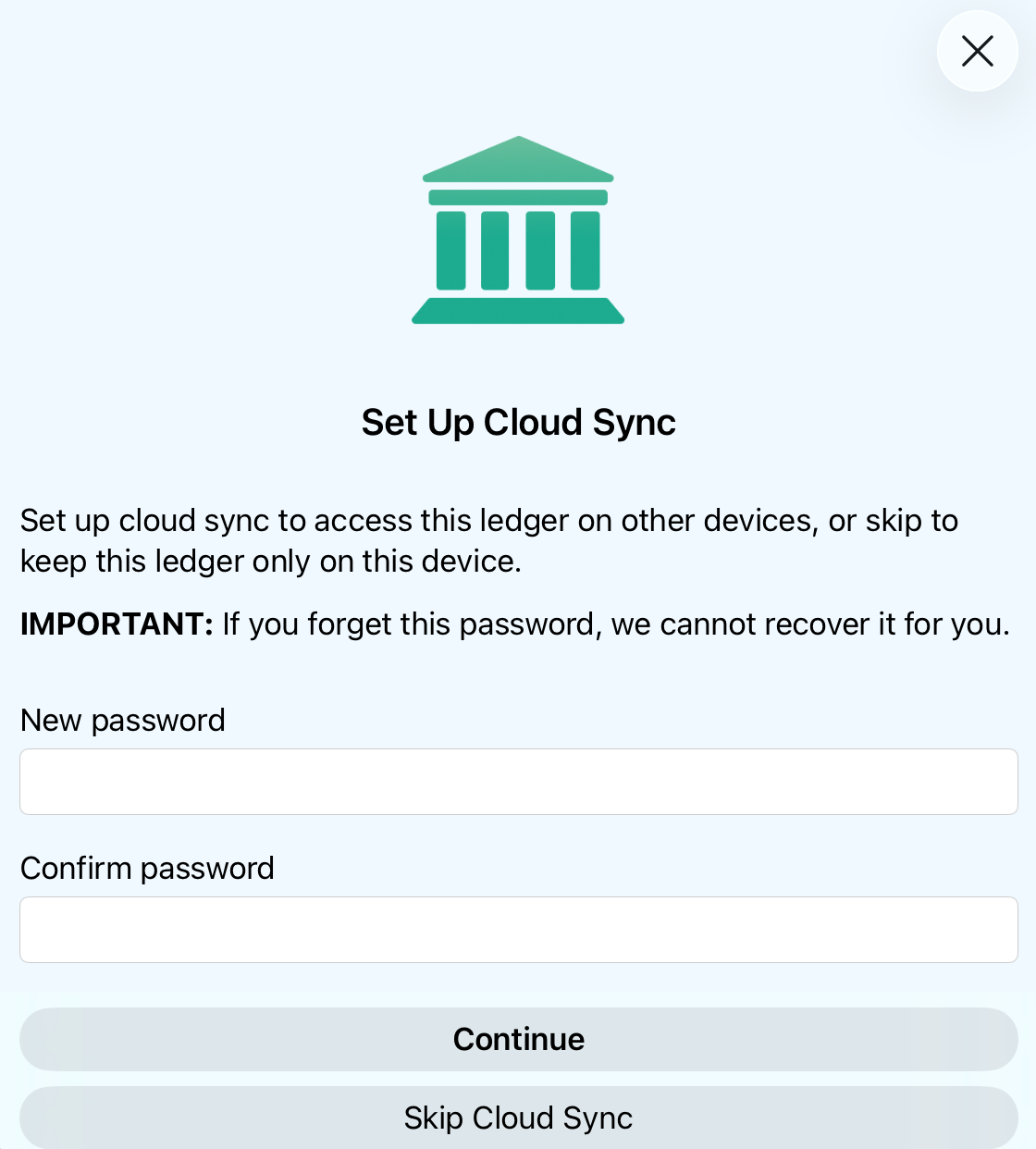 Cloud sync setup screen on iOS