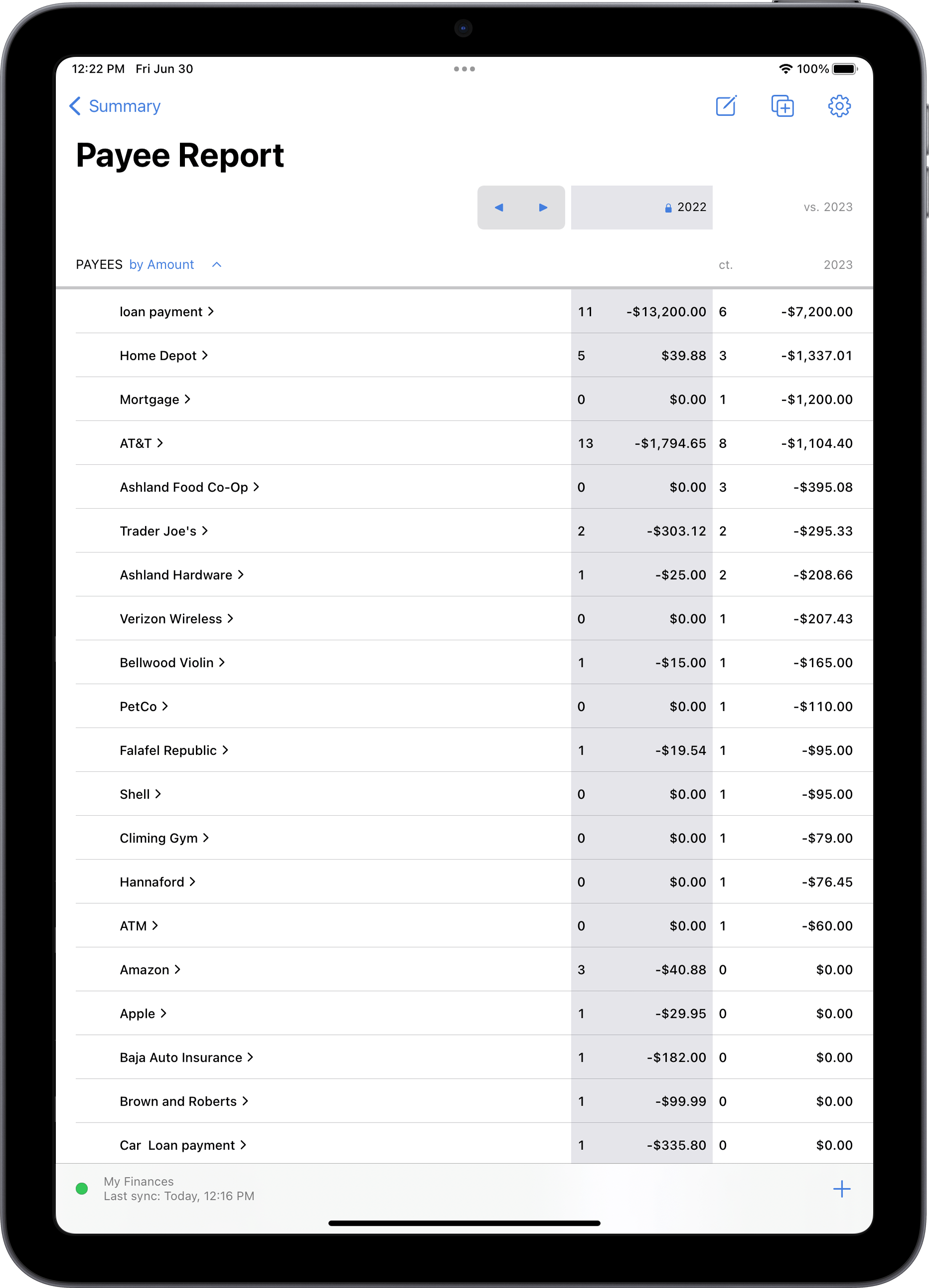Payee report in portrait mode on iPad